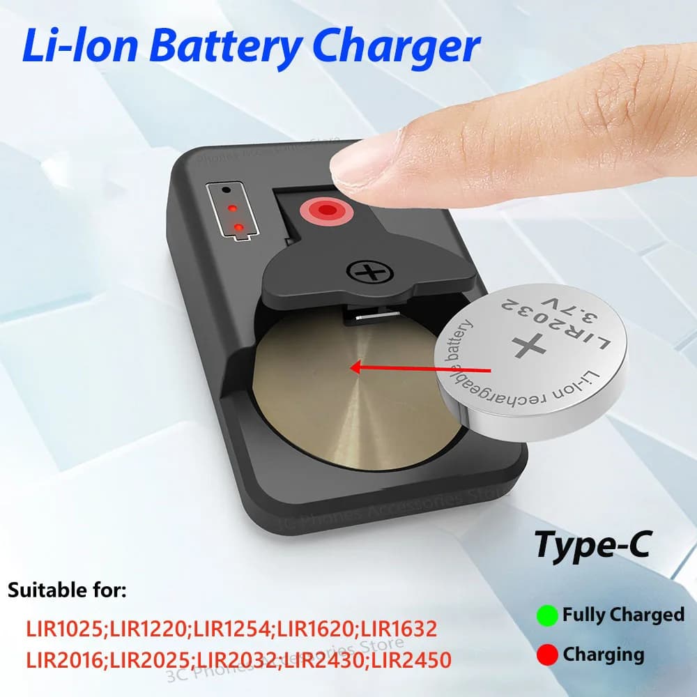 Chargeur de batterie Rechargeable li-lon pour piles au Lithium LIR1025/1220/1254/1620/1632/2016/2025/2032/2430/2450, Charge TypeC
