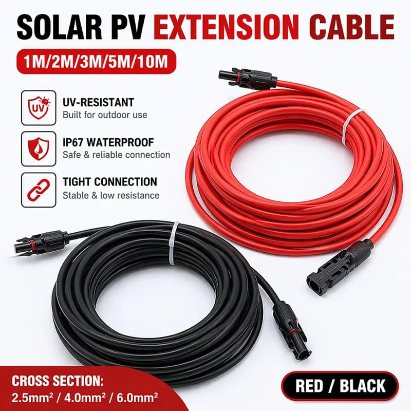 Câble d'extension solaire 1 2 3 5 10M 2.5 4 6mm² Câble PV - Connecteurs à double extrémité Rouge Noir pour système de panneaux solaires extérieurs
