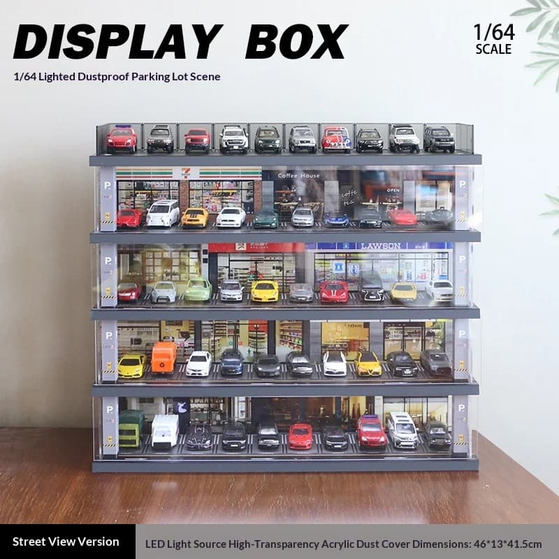 Modèle de garage de stationnement à l'échelle 1:64 et étagère de présentation anti-poussière - Diorama de modèle de voiture, support de rangement pour véhicules de collection (sans voiture)