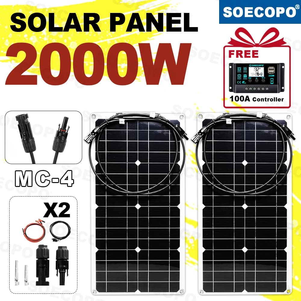 SOECOPO – Kit de panneaux solaires portables 2000W (12-18V), 2 panneaux solaires pour le Camping, comprend un contrôleur 100A gratuit et une charge USB 5V