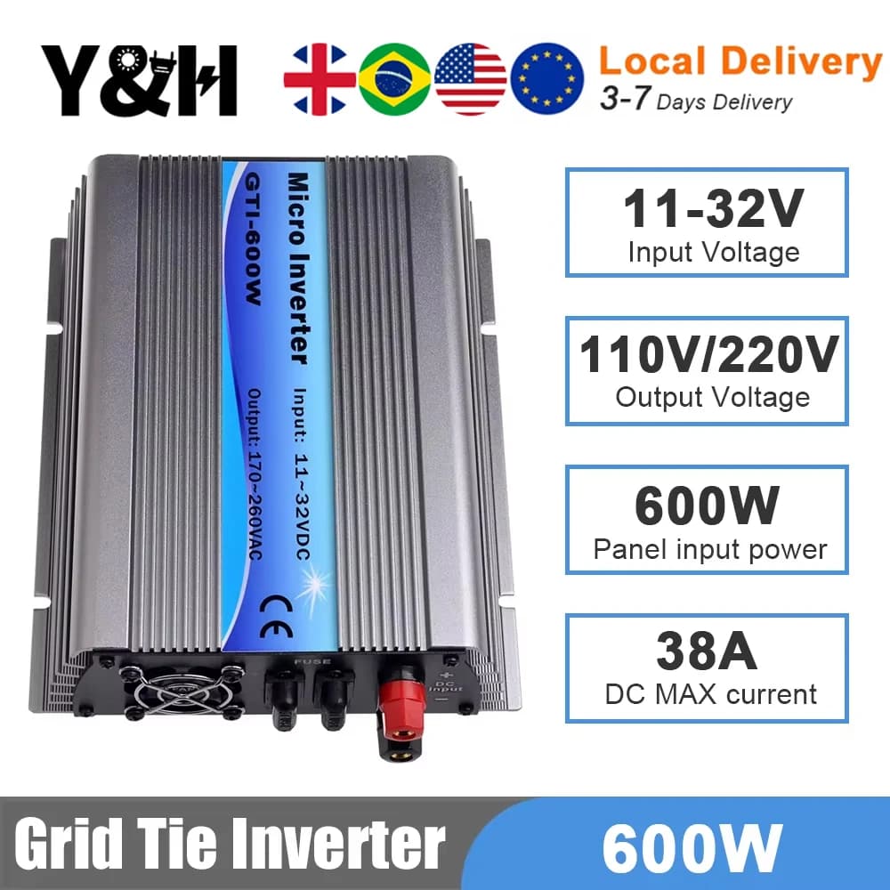 Y & H 600 W MPPT onduleur de liaison au réseau solaire onde sinusoïdale Pure, batterie 24 V/entrée PV DC11-32V sortie AC120 V/220 V, système domestique à panneau solaire