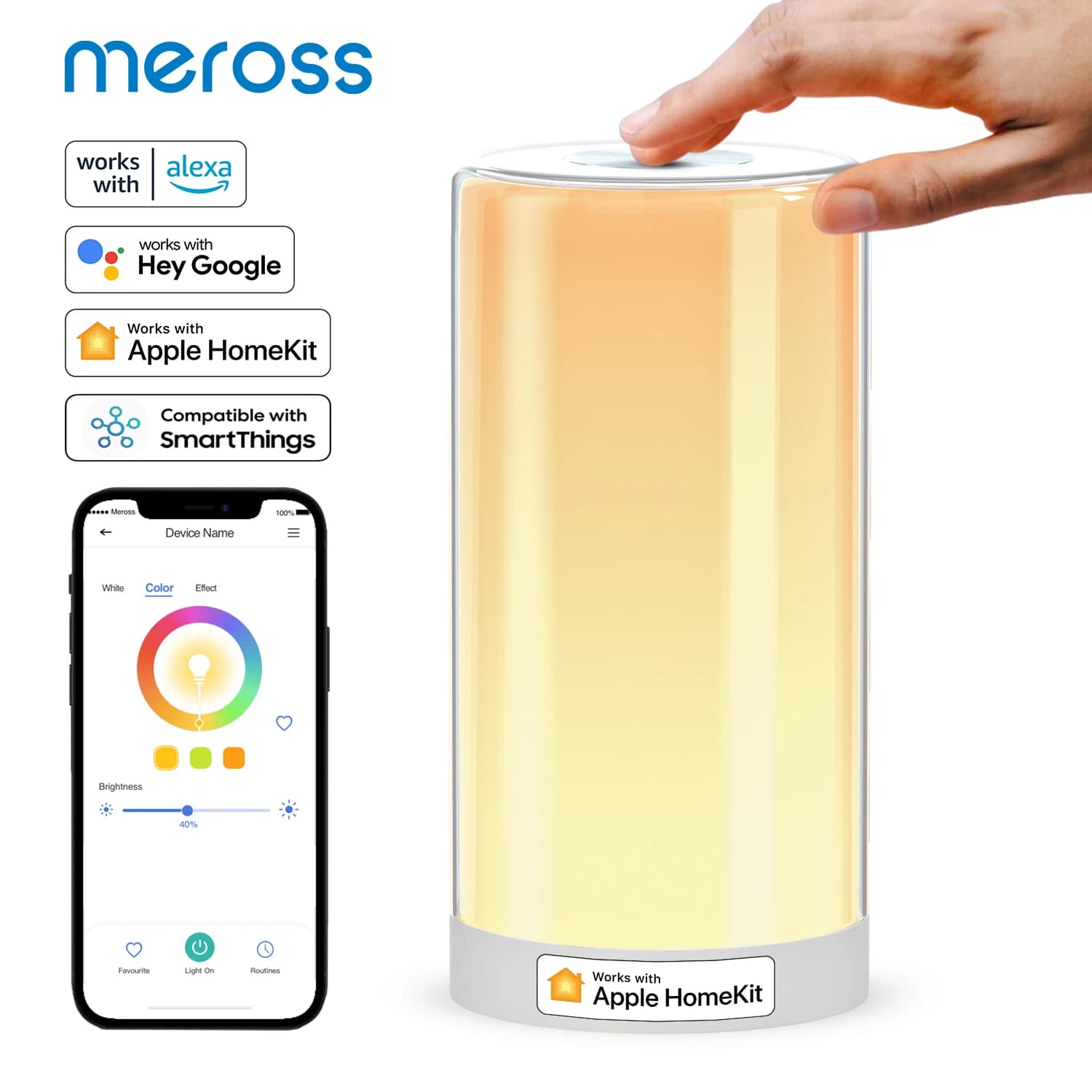 Meross HomeKit-Lampe de Table Intelligente LED avec Capteur Tactile, Lumière de oral et à Intensité Réglable, RGBWW, Wi-Fi, 6W, Compatible avec Alexa et Google Assistant