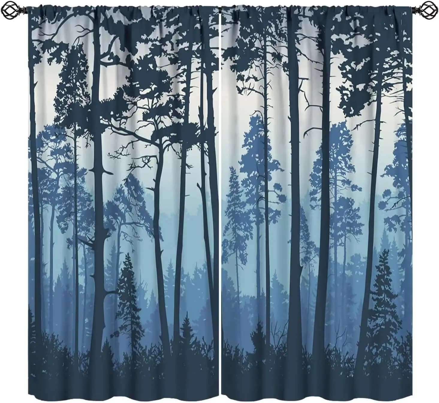 Rideaux occultants Forêt Brumeuse, motif paysage forestier bleu rustique avec arbres, pour chambre d'enfants, filles, garçons, femmes, salon - 2 panneaux