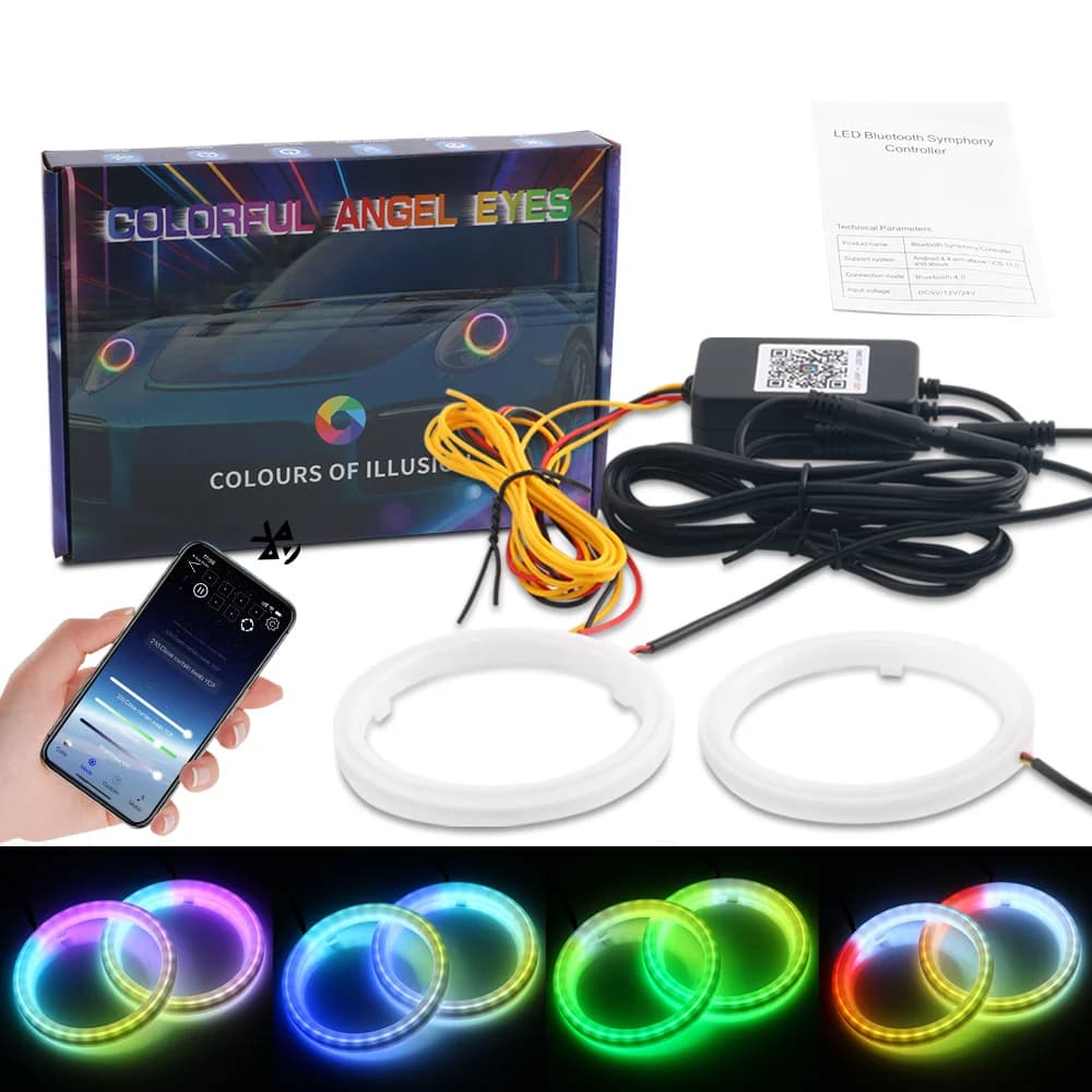 Anneaux DRL Halo 2 pièces Led Angel Eyes 60mm 70mm 80mm 90mm APP Bluetooth DRL phare avec clignotants rvb coton 12V 24V