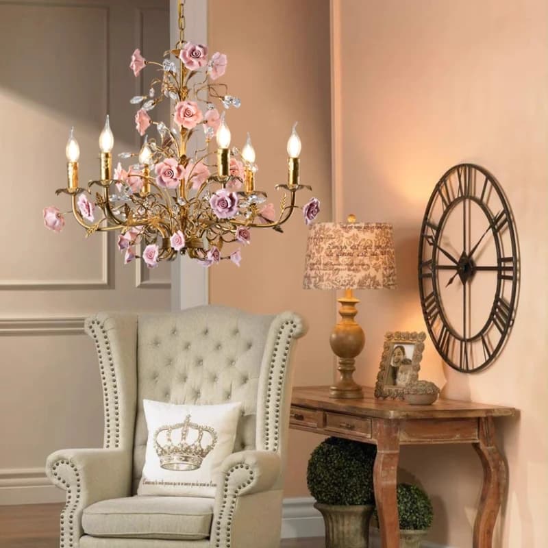 Lampe à suspension de campagne vintage française-lampe à bougie de salle à manger de fleur de rose-lampe de chambre d'enfant de pays américain