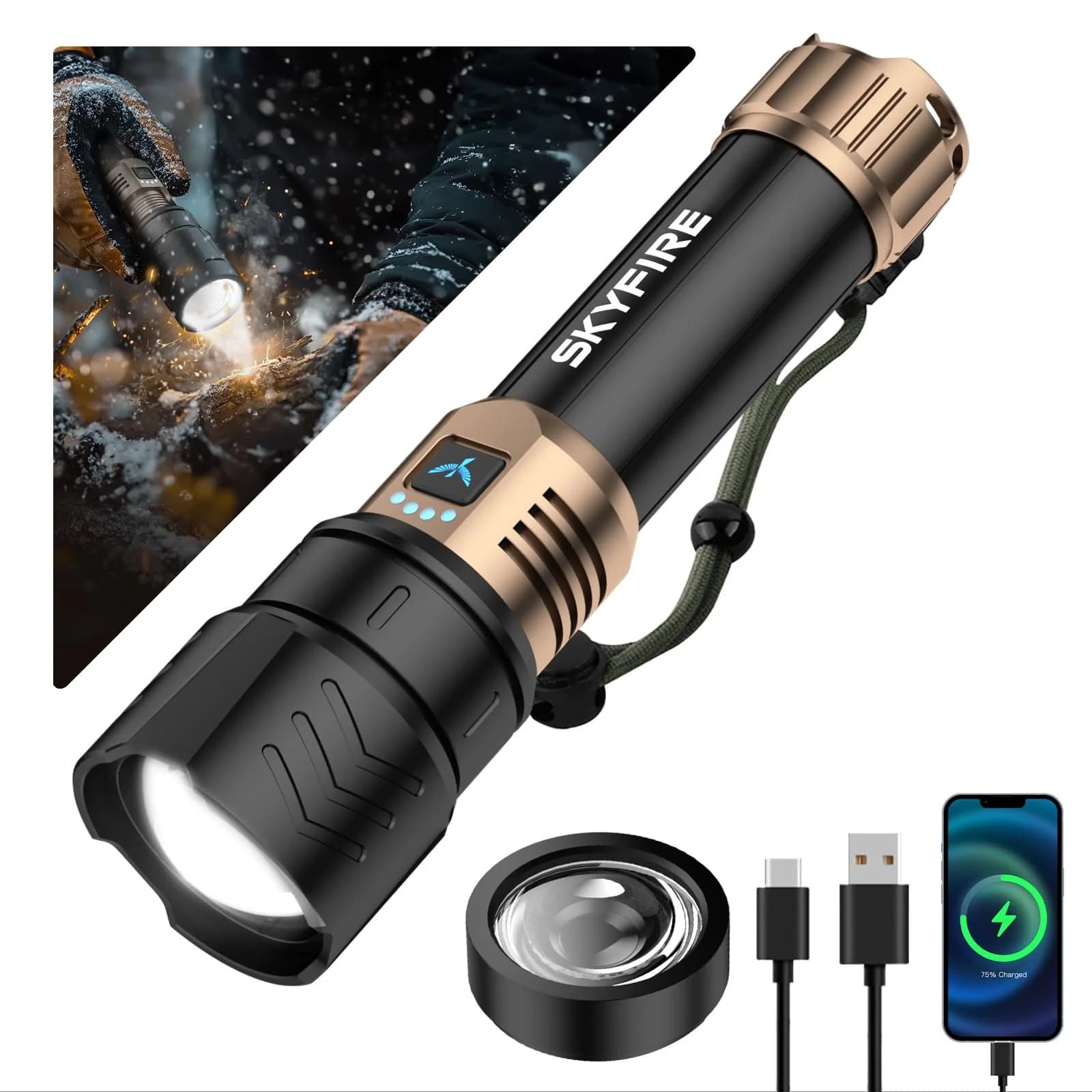 Lampe de poche LED Skyfire, haute luminosité, super lumineuse, rechargeable, zoomable, quatre modes, étanche, pour l'extérieur, les urgences domestiques