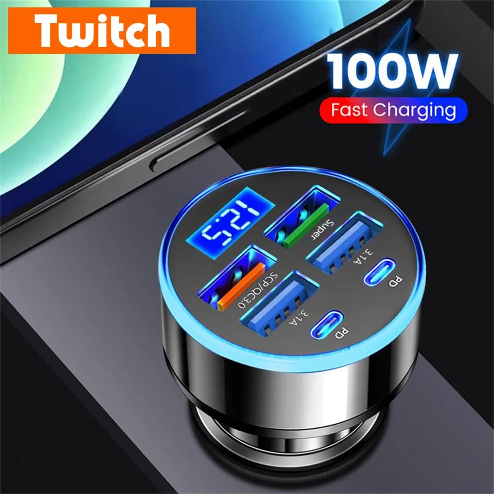 Chargeur de voiture 100W 6 ports, charge rapide, 4USB 2PD type C, adaptateur de chargeur de téléphone pour iPhone Samsung Huawei Xiaomi dans la voiture