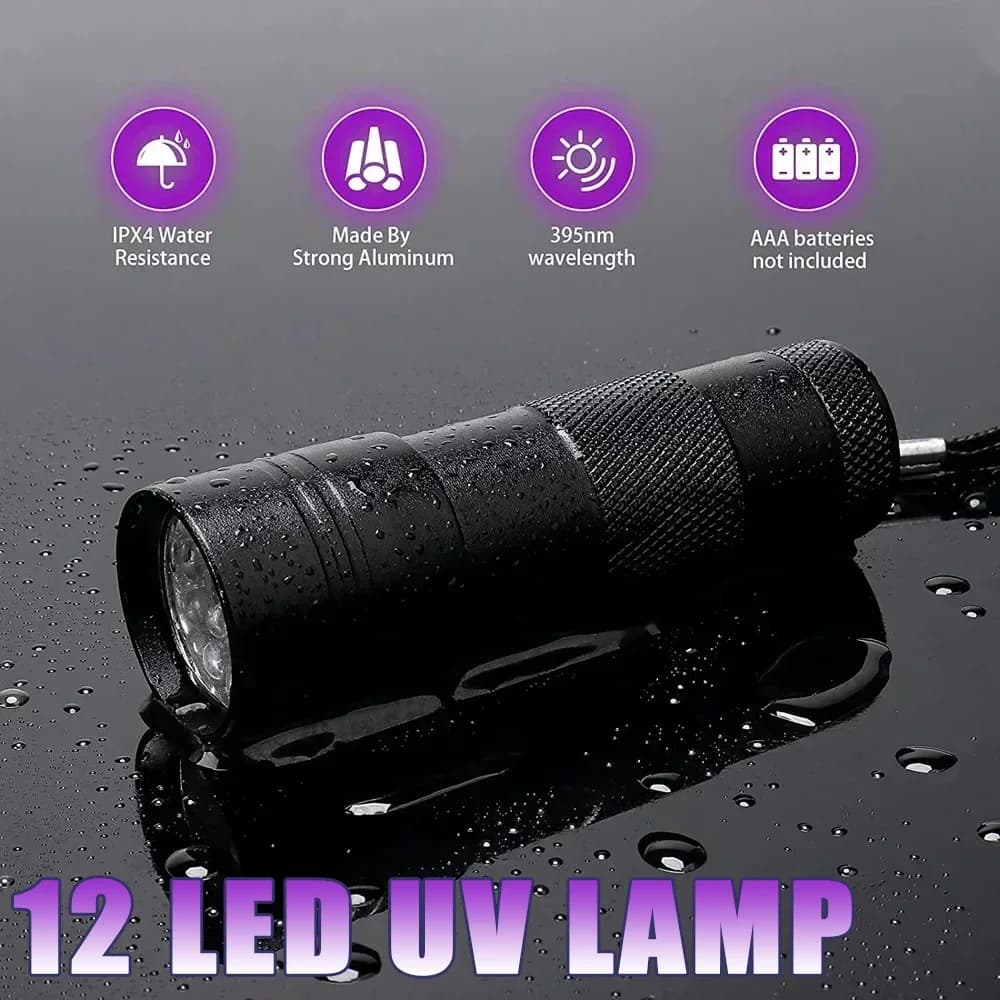 Lampe de poche UV portable à 9/12 LED, lumière noire, torche ultraviolette 395 NM, détecteur de lumière noire pour les taches d'urine de chien et les insectes au lit