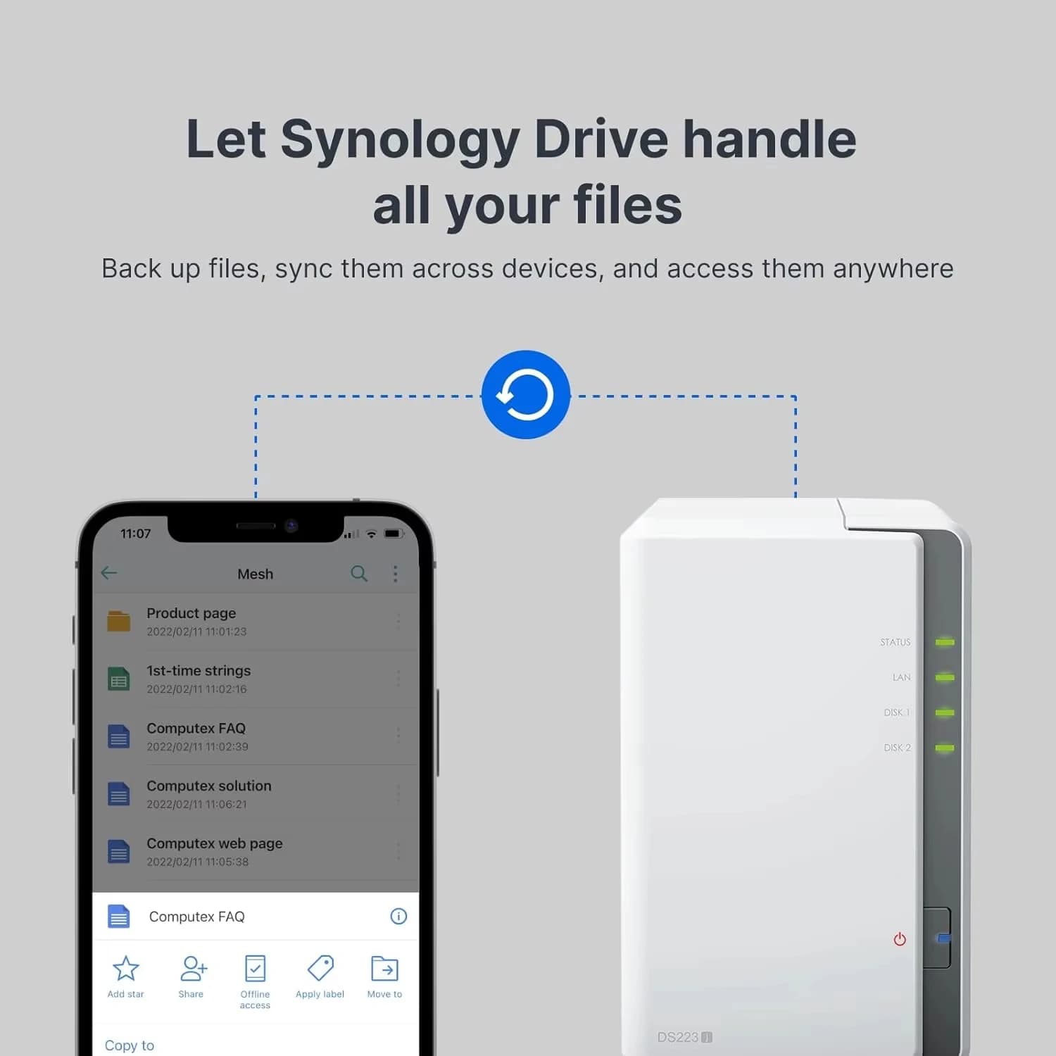 Serveur de stockage en nuage NAS Synology DS223j à 2 baies, DiskStation, SATA 6 Gb/s, RAID, 1xGbE, mémoire NAS (sans disques)