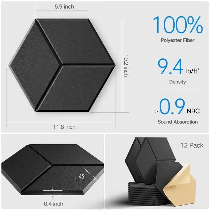Panneaux acoustiques hexagonaux auto-adhésifs, 12 pièces, panneaux en mousse acoustique, conception de doublure en forme de Y, absorbe le bruit et élimine