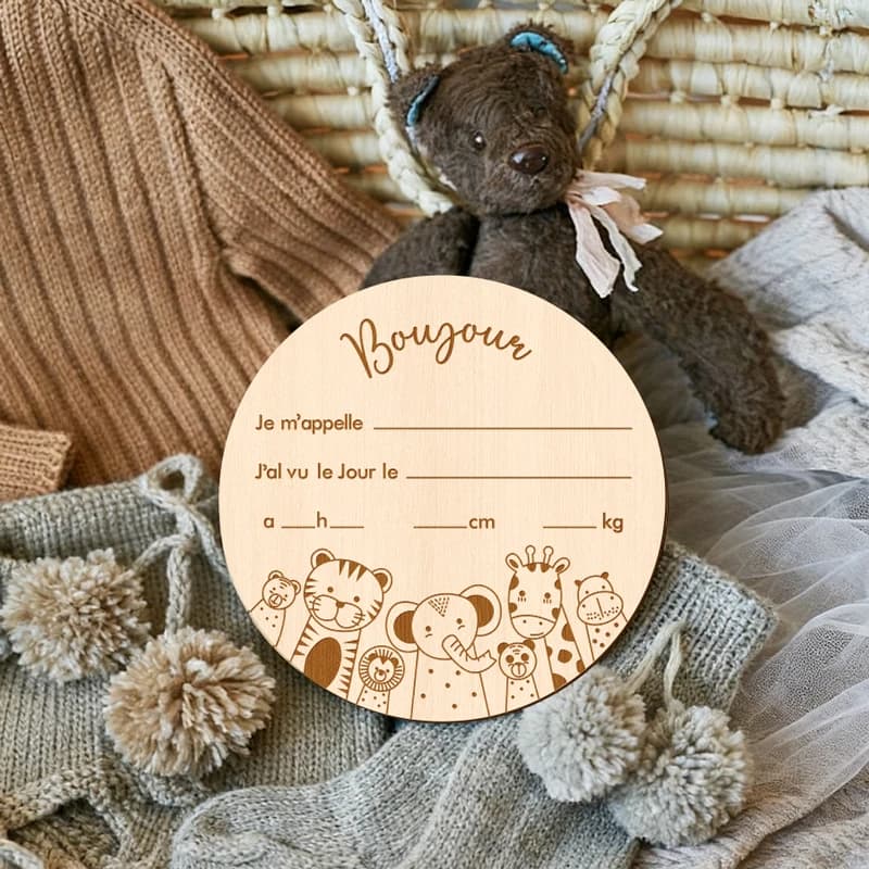 Panneau de nom en bois français avec motif Animal mignon, accessoire de stand photo, signes décoratifs ronds, signe de naissance de bébé, accessoire de photographie en bois