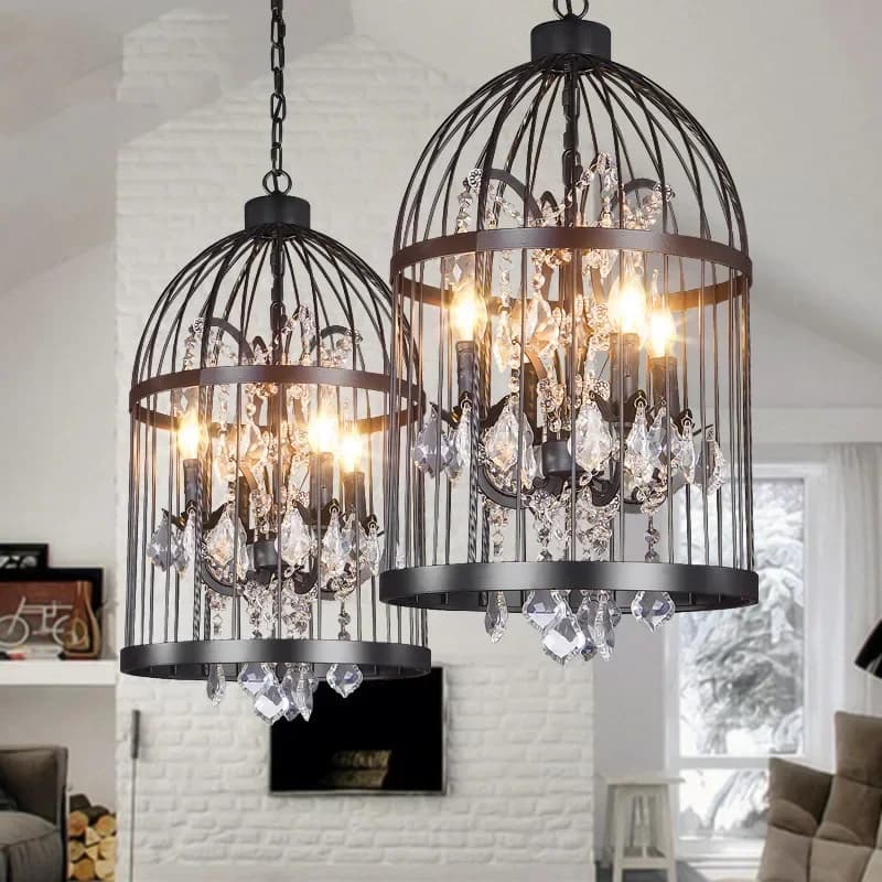Lustre rétro en fer forgé, lustre rustique à orbe pour salon, ferme, Restaurant Vintage, Cage à oiseaux en cristal, lampe suspendue