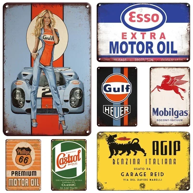 Plaque murale en métal vintage haute définition, style rétro, avec motifs Gulf Esso Mobilgas Huile Moteur, décor Pin Up Girl station-service classique