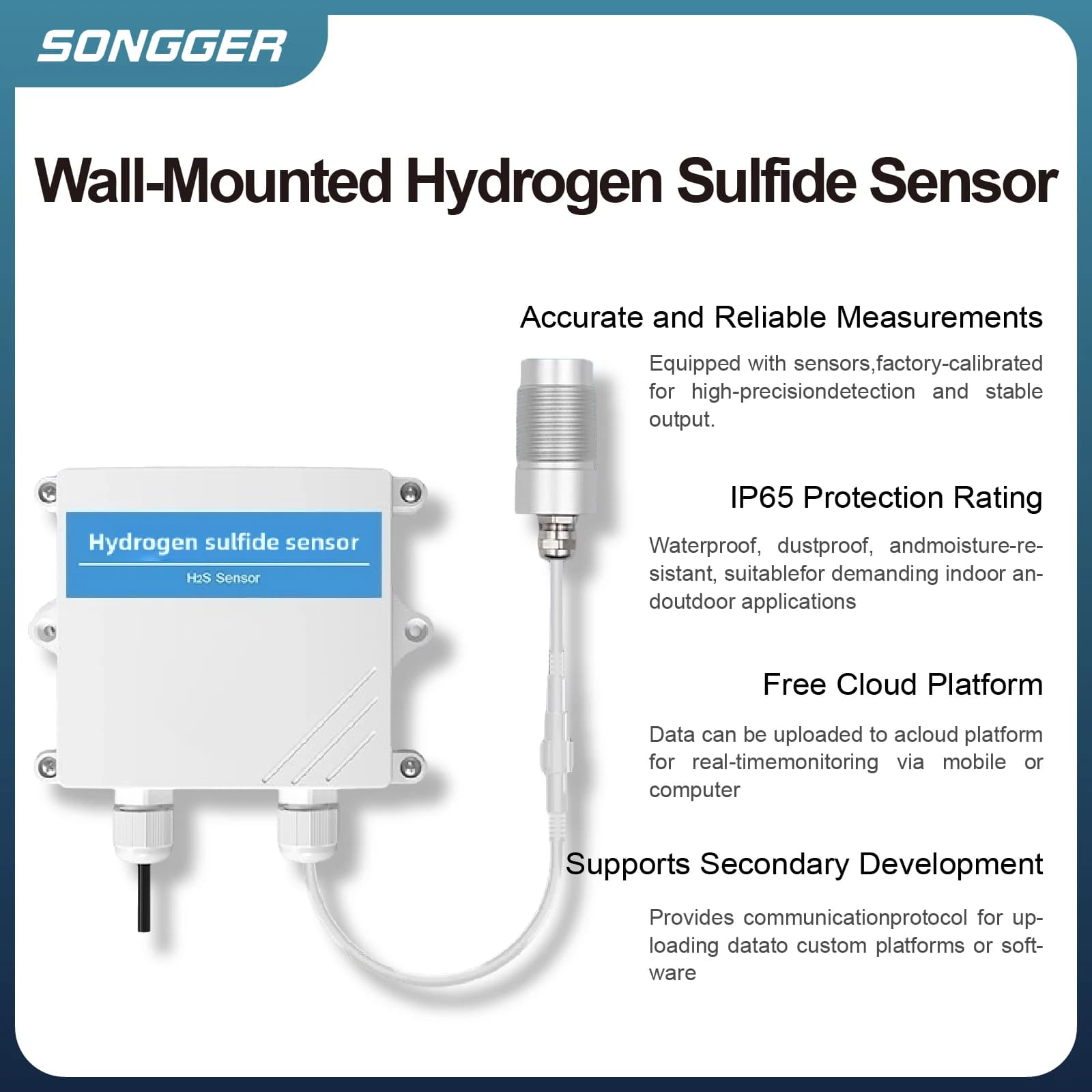 Capteur de sulfure d’hydrogène H2S Fixation Murale Sortie RS485 0-5V 0-10V Détecteur d’Odeur pour Toilettes Publiques Serres Industrielles Laboratoires