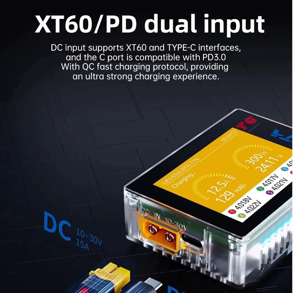 Chargeur intelligent HOTA T6 DC/PD double entrée 300W 2.4IPS prend en charge les Interfaces XT60 et TYPE-C Compatible chargeur de batterie PD3.0 FPV RC