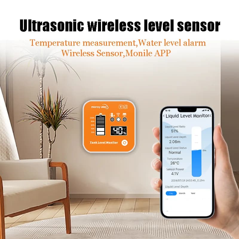 Capteur de niveau de liquide précieux à distance avec panneau solaire, affichage de la température LED, indicateur d'alarme, application mobile Tuya, SubSN, ME202RSP, 5m