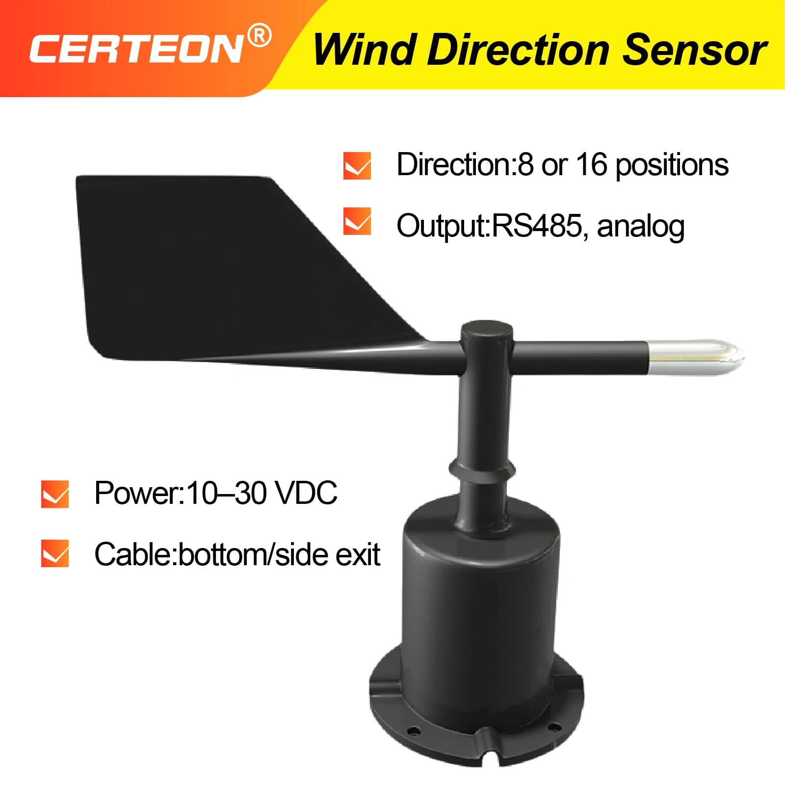 Capteur de Direction du Vent Ultrasonique pour Station Météo 8 ou 16 Directions Sortie RS485 4-20mA NPN PNP Boîtier Aluminium ou Polycarbonate Haute Précision