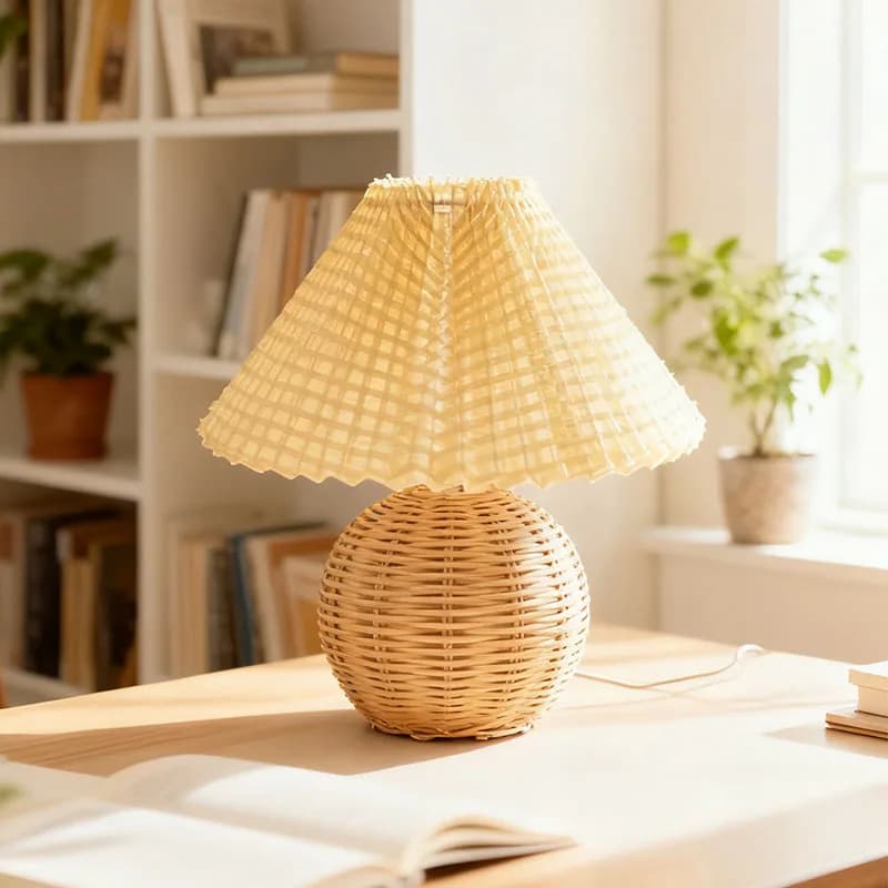 Lampe boule de bambou Wabi avec abat-jour froissé, applique murale de chambre à coucher, lampe de bureau en matériau naturel pour la maison