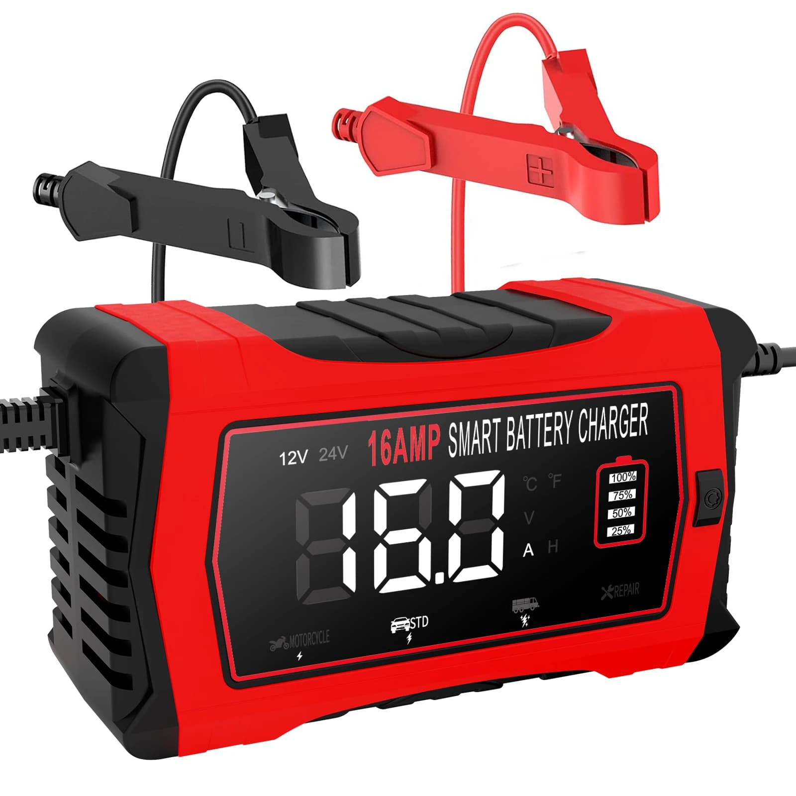 Chargeur de batterie de voiture 12V 16A 24V 10A pour Batteries au plomb au Lithium LiFePO4 AGM GEL 12V, réparation d'impulsions, outil de charge de moto