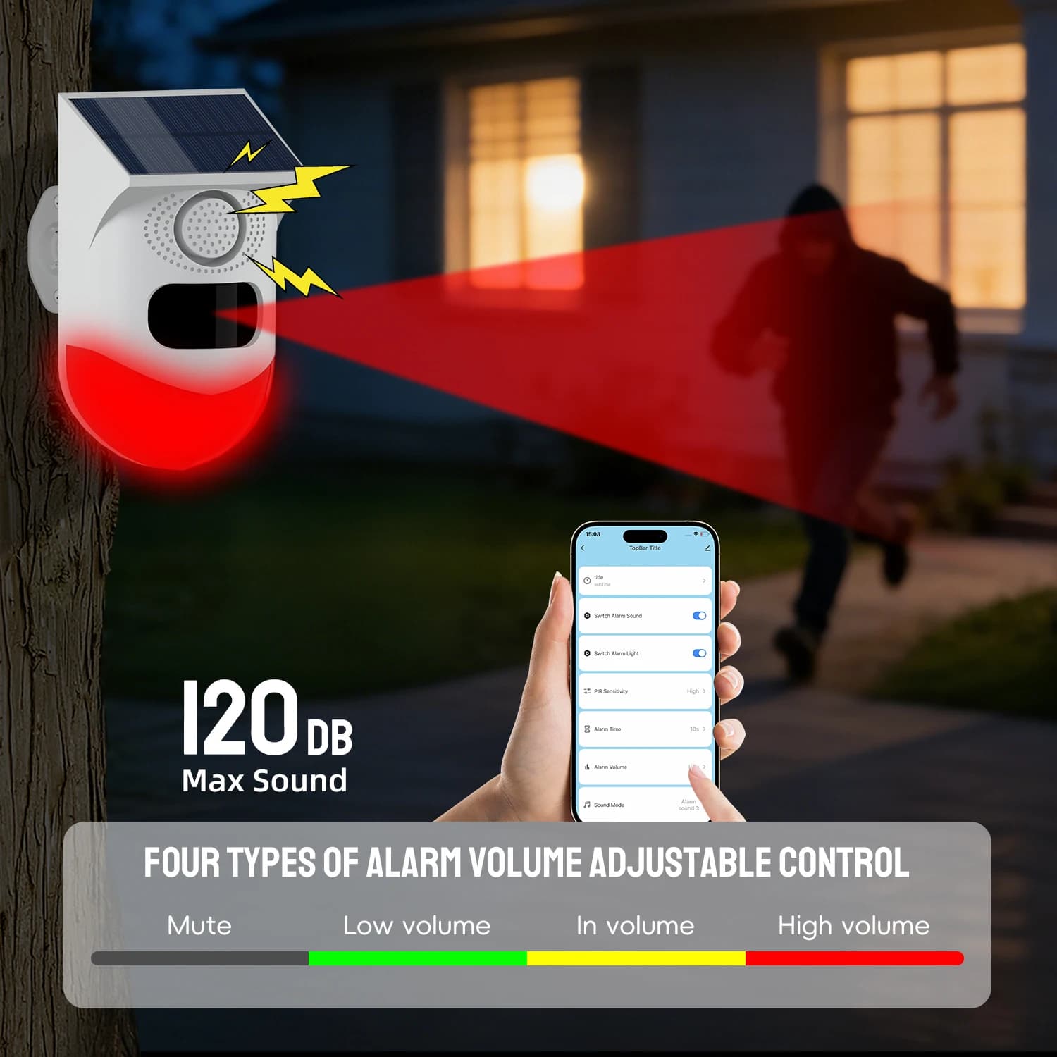 Alarme de sécurité solaire Tuya : capteur de mouvement PIR, sirène avec lumière rouge clignotante, système d'alarme extérieur étanche pour garage