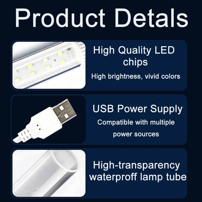 Lampe LED USB submersible pour aquarium, spectre complet, grand angle, étanche, 3 modes de couleur RVB, luminosité réglable