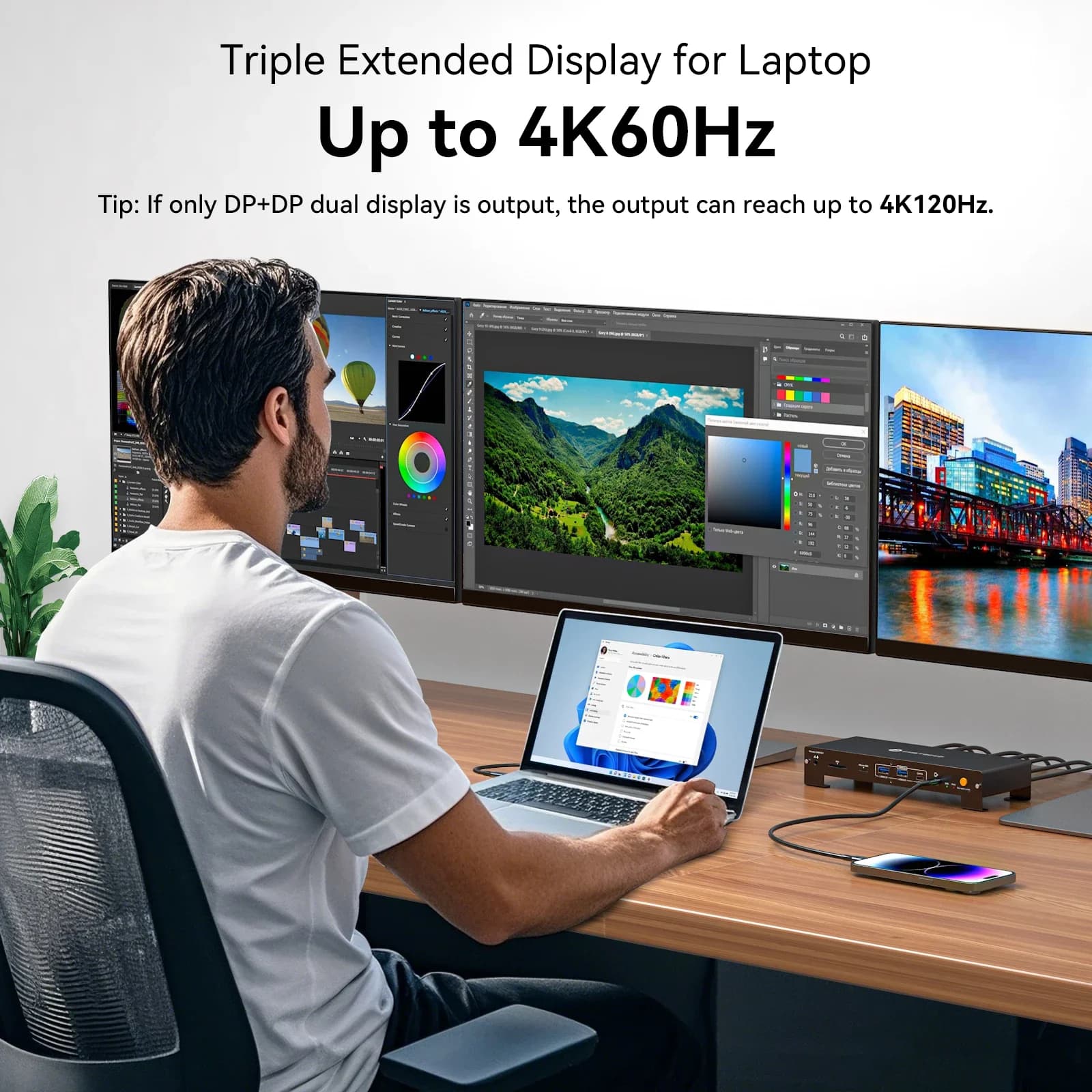 Station d'accueil USB C Triple affichage 4K @ 60Hz 1 PC partagé 3 moniteurs avec chargement PD HDMI DP 1000M Ethernet USB 3.2 SD TF VPFET