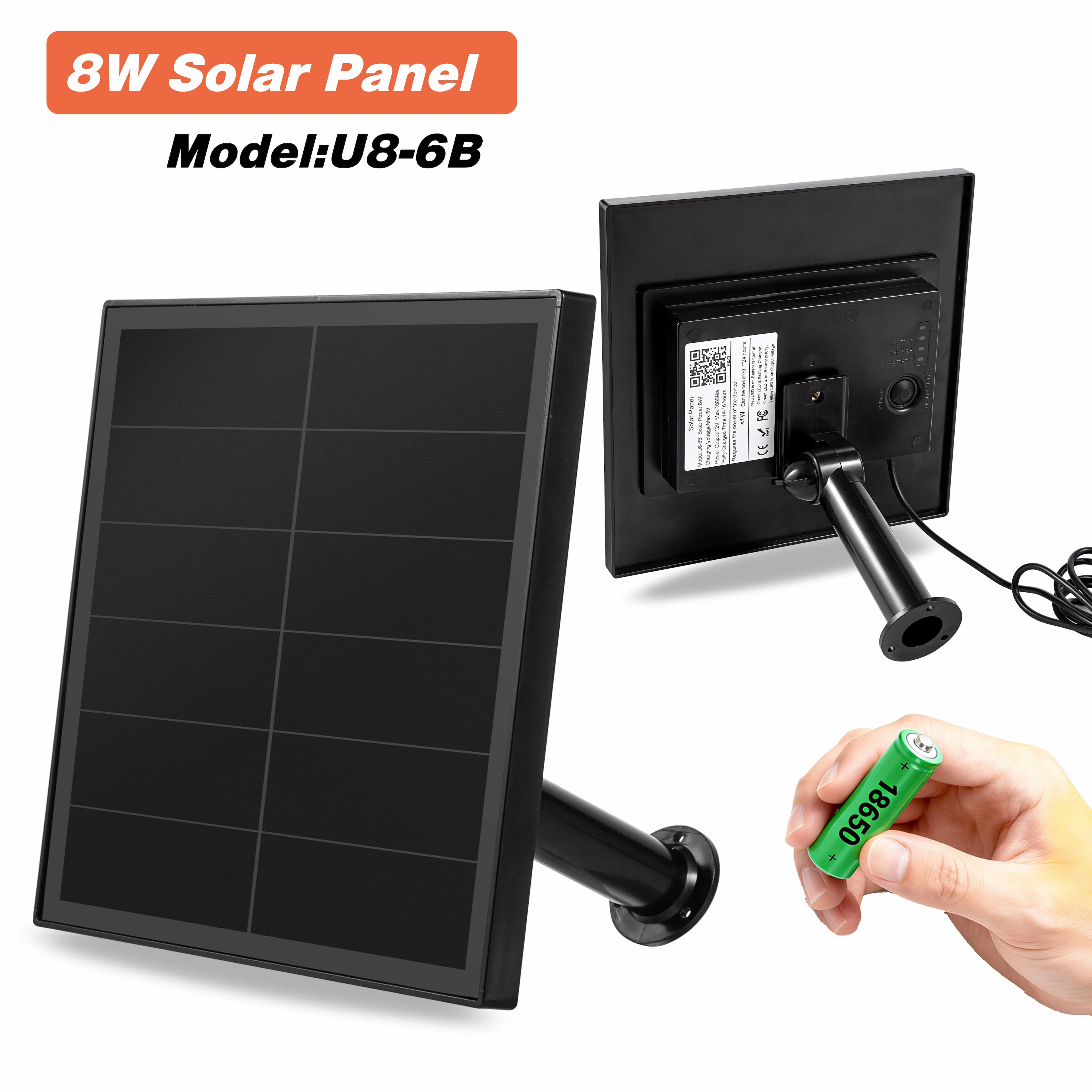 Panneau solaire U8 étanche IP66, sortie 12V 8W, cellules solaires pour charger et installer une batterie 18650, caméra de chasse extérieure, LED, routeur 4G, Wifi