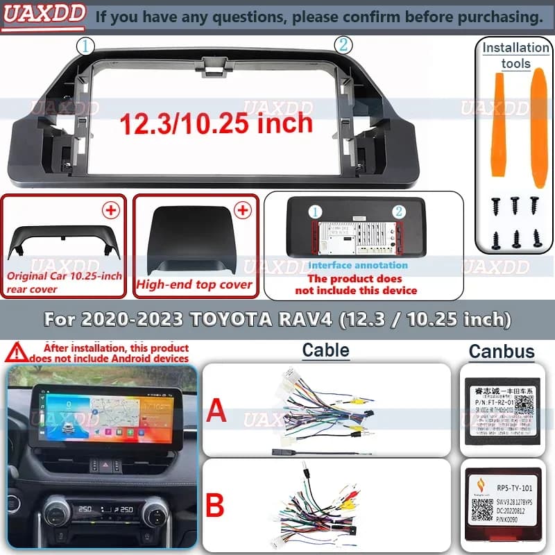 Kit de cadre d'autoradio Android 2 Din 12,3 10,25 pouces pour TOYOTA RAV4 2020-2023, avec faisceau de câbles vidéo et boîtier Canbus