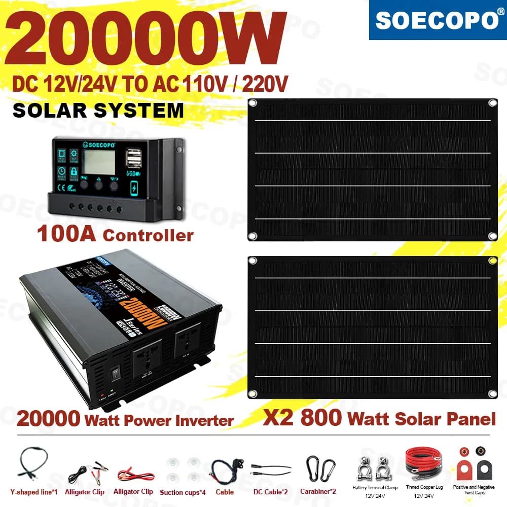 SOECOPO – Kit complet de système solaire 20000W, panneaux photovoltaïques 2x800W, onduleur 12V 24V à 220V/110V, contrôleur 100A pour le Camping