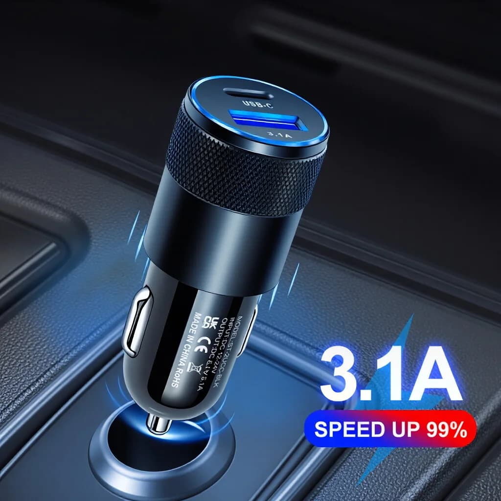 Mini chargeur de voiture double USB 3.1A à charge rapide avec adaptateur USB-C et boîtier métallique compact pour iPhone 17 16 et Samsung