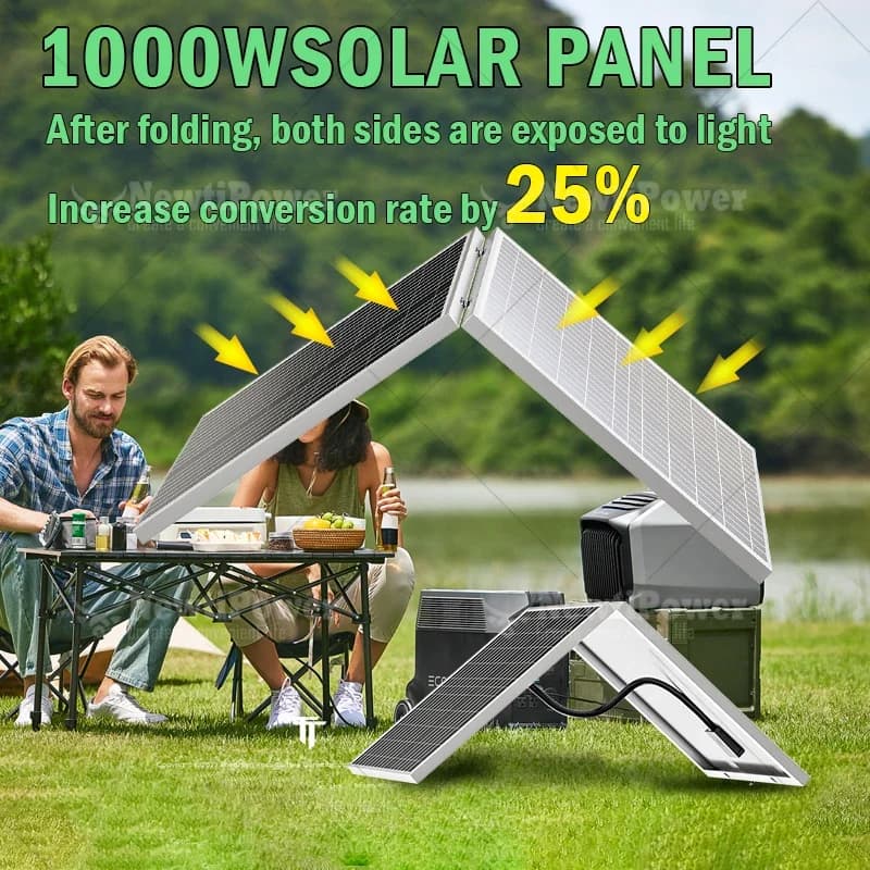 Panneau solaire pliable 1000W, sortie 12V, conception haute efficacité pour usage domestique, charge de batterie de voiture et alimentation électrique extérieure pour le camping
