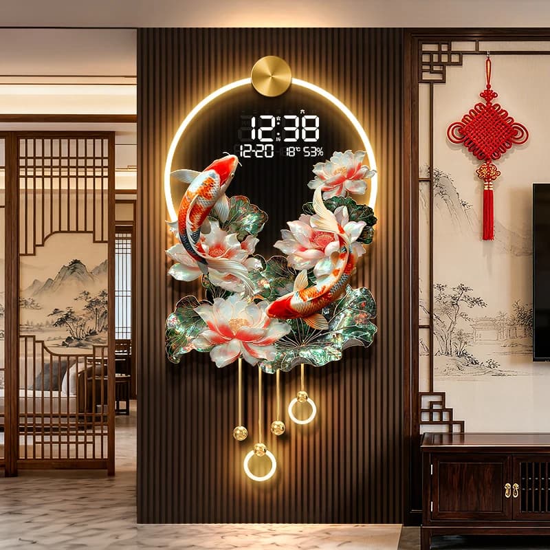 Émail Koi Mural lampe LED salon TV Grille pendentif décoratif entrée Lotus calendrier nouvelle horloge électronique suspendue peinture