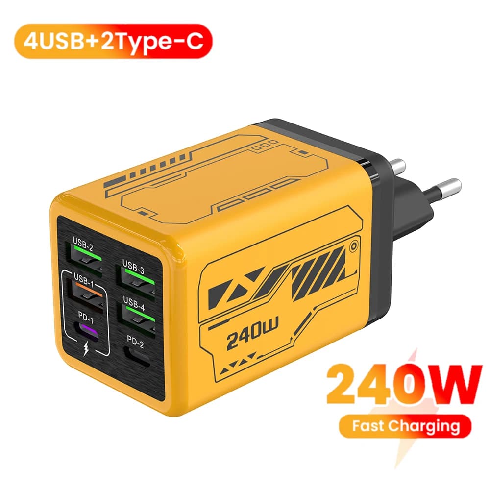 Chargeur USB C 240W à 6 ports, charge rapide, chargeur mural EU/US/UK pour iPhone Samsung Xiaomi, adaptateur d'alimentation pour téléphone à charge rapide de type C
