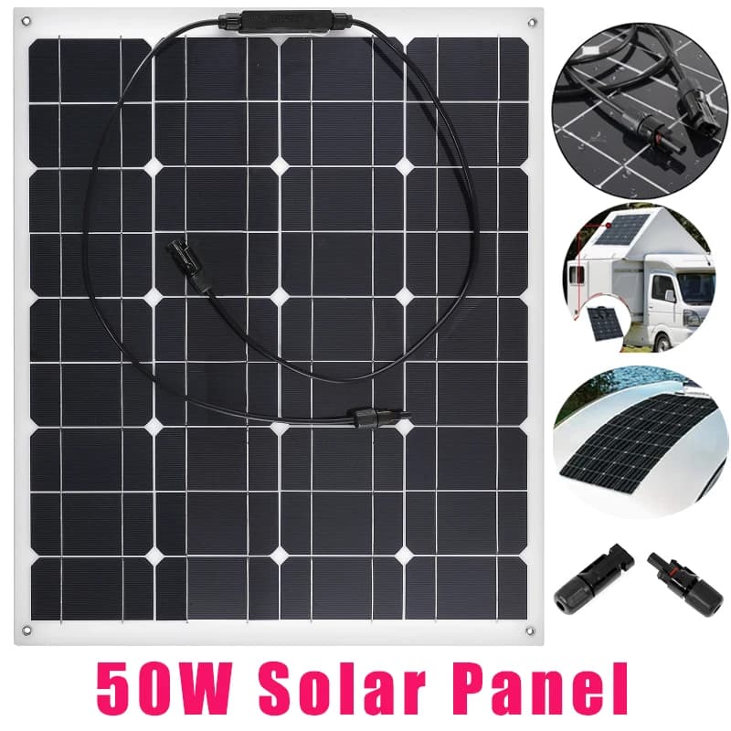 Panneau solaire monoclallin semi-flexible en l'horloge, chargeur de batterie de voiture, montres, bateau, camping, randonnée, énergie extérieure, 50W, 18V