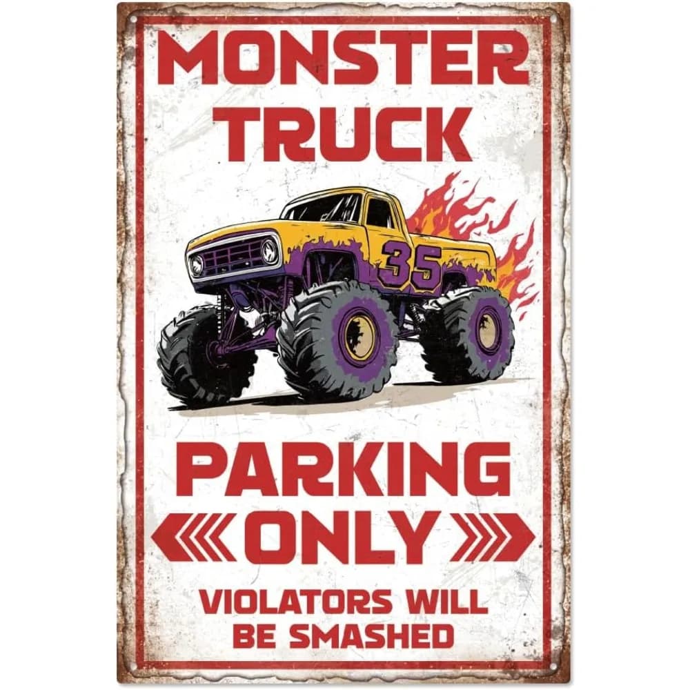 Panneau en métal vintage Monster Truck 7,9x11,8 pouces, panneau métallique « Parking exclusif Monster Truck » pour la maison, affiche murale amusante pour hommes