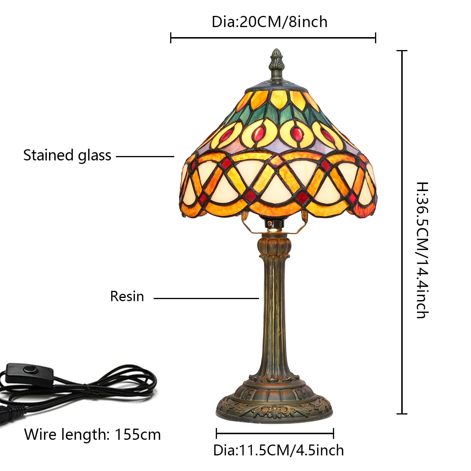Petite lampe de table Tiffany Peacock, lampe en verre teinté antique de 8 pouces pour chambre à coucher, salon, maison, lumière artisanale