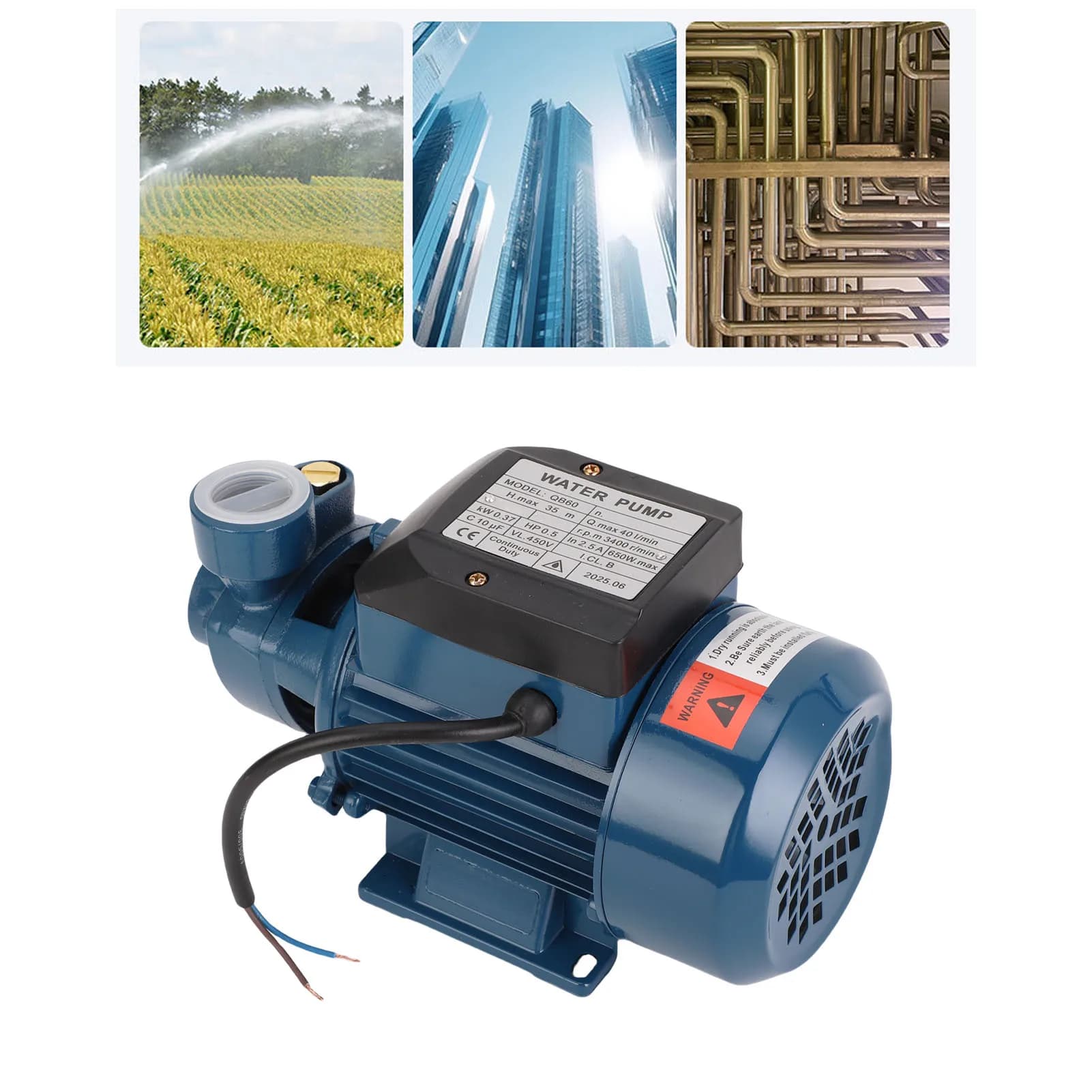 Pompe de transfert d'eau électrique solaire 650W 3400 tr/min 35m, ascenseur 1 pouce de sortie, surpression 40L/min, pompe centrifuge