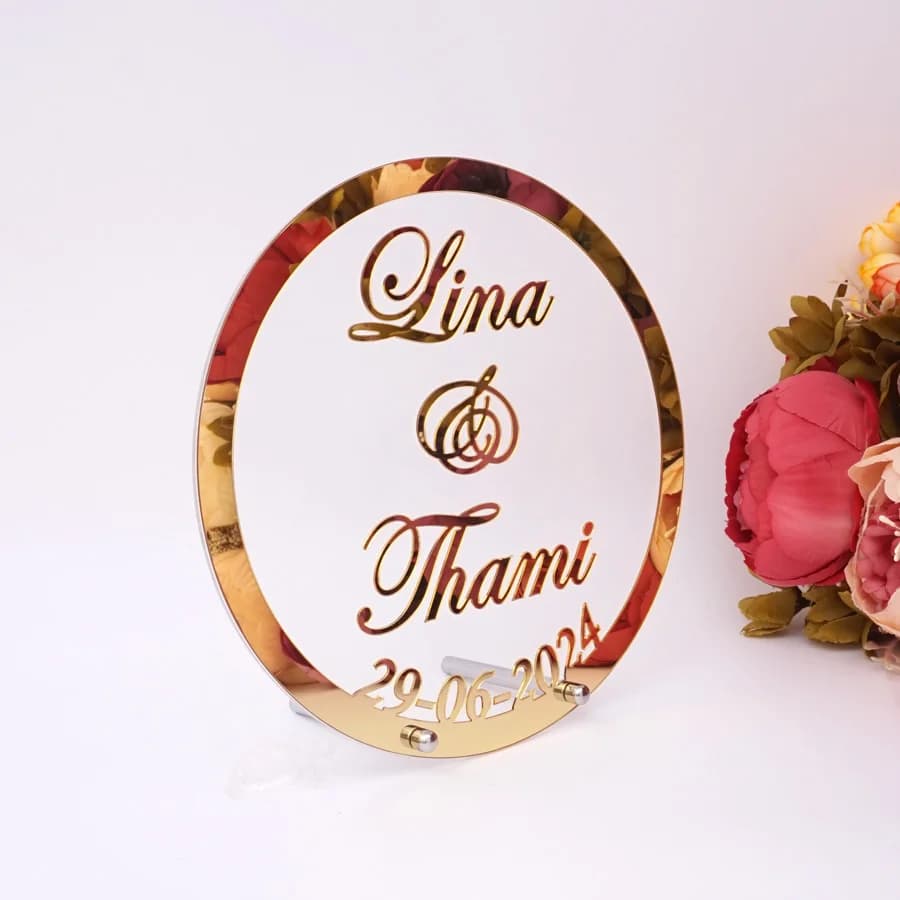 Panneau de bienvenue de mariage personnalisé rond, noms des mariés personnalisés, panneau de table en acrylique miroir, décoration de réception