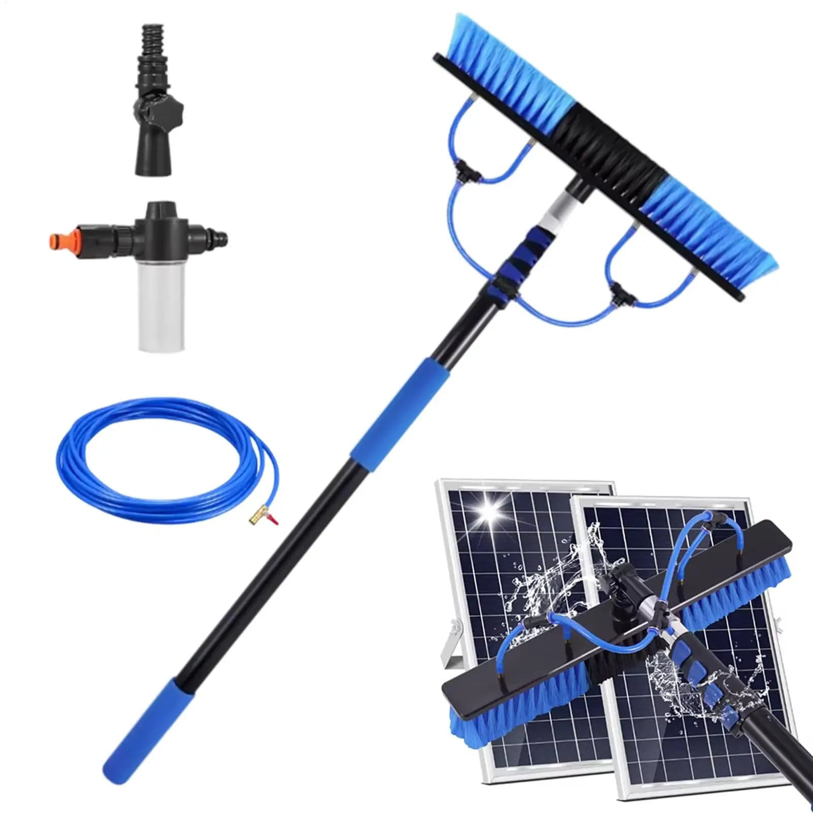 Brosse de nettoyage télescopique pour panneaux solaires de 5 m avec tuyau d'eau extensible de 10 m, brosse pour nettoyer les fenêtres, les toits en verre avec distributeur de savon
