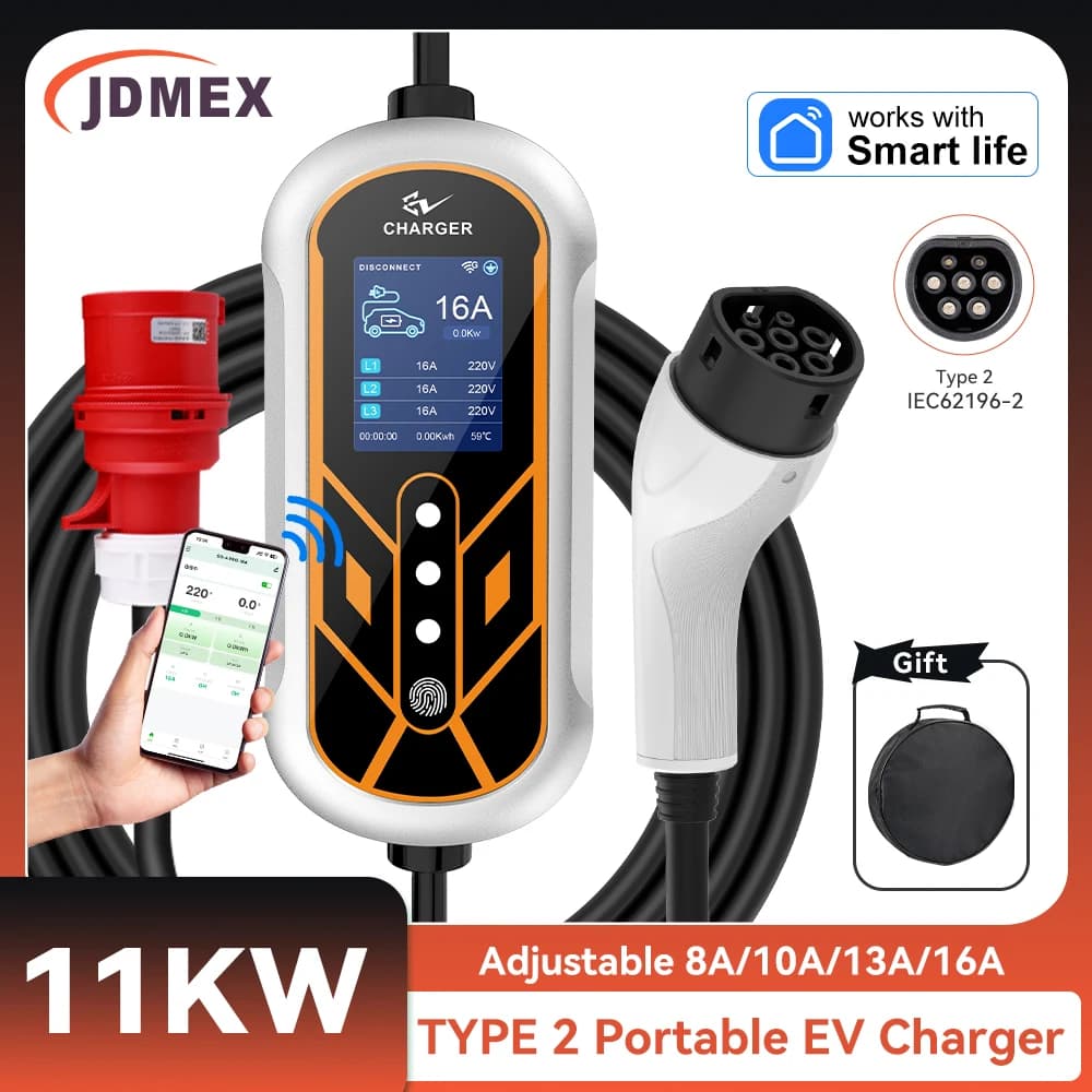 JDMEX 11KW Type2 EV chargeur Portable 5M Cbable avec contrôle sans fil APP 16A 3 phases IEC 62196-2 EVSE charge prise CEE