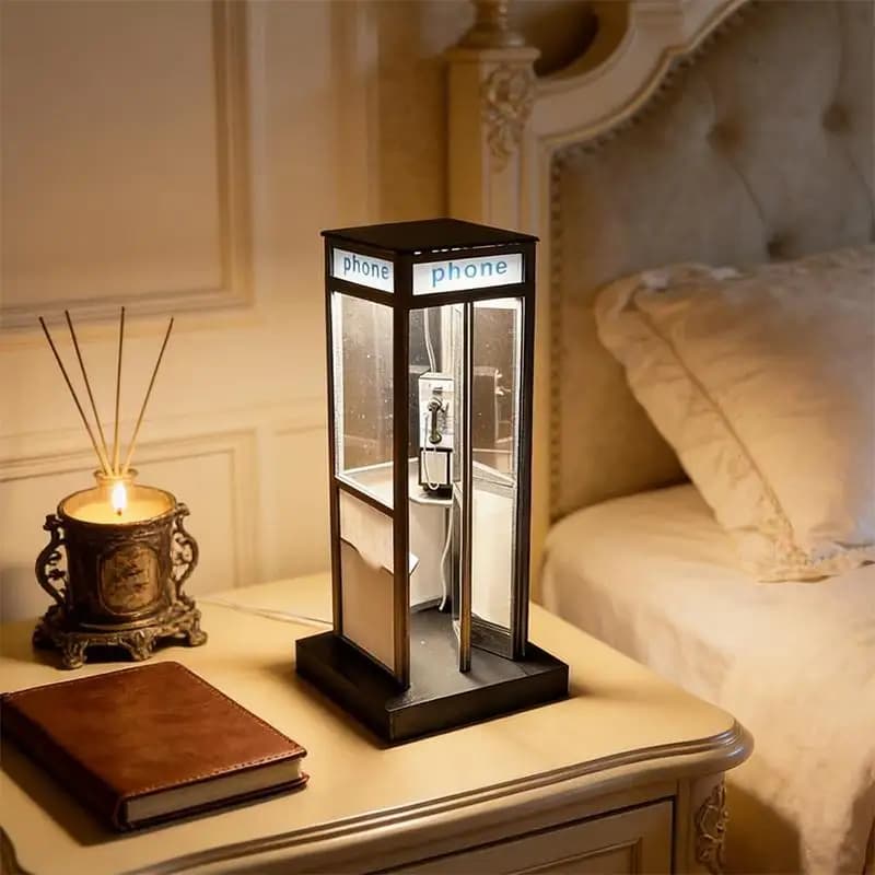 Lampe de table rétro vintage en forme de cabine téléphonique, lampe de table classique en forme de cabine téléphonique avec lumière LED chaude, lampe de nuit décorative en forme de cabine téléphonique