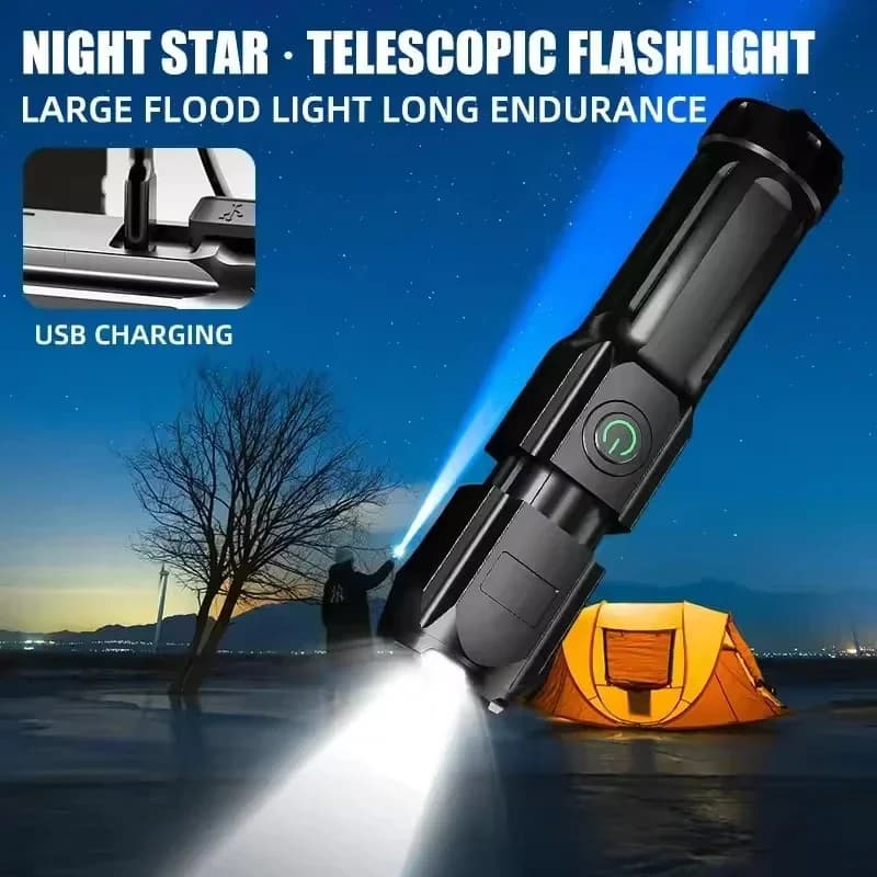 Lampe torche LED puissante rechargeable par USB, batterie au lithium intégrée, étanche, zoom, pêche, chasse, camping, lampe torche tactique ﻿