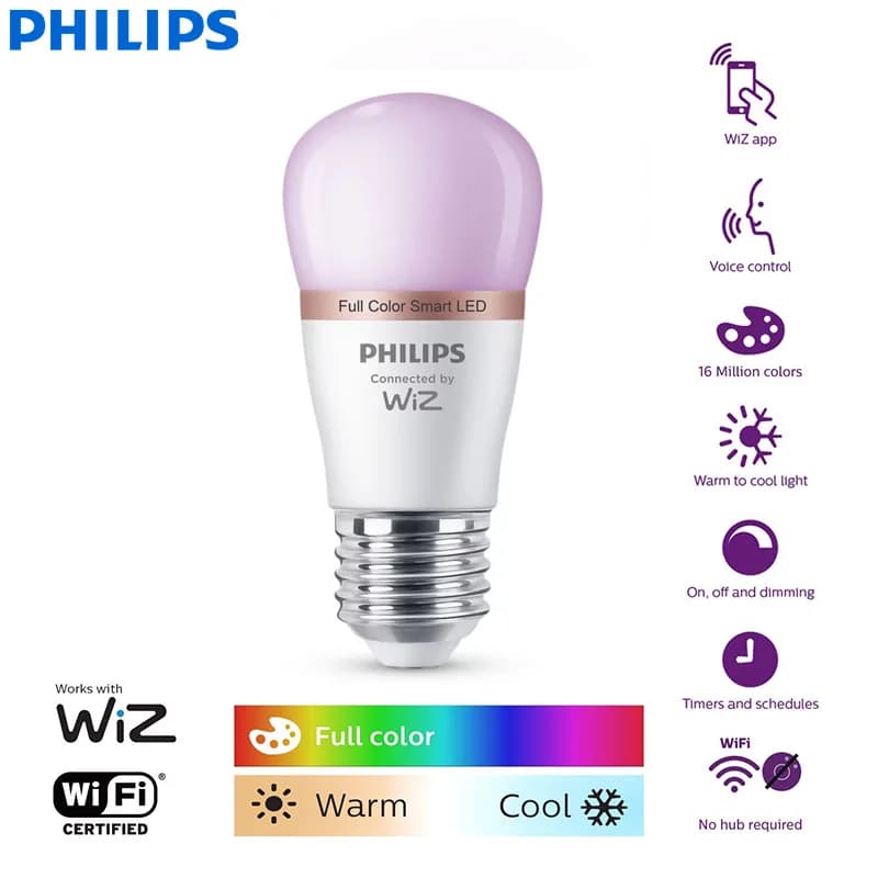Philips WiZ 4.9W E27 P45 Wi-Fi et Bluetooth LED Mini ampoule boule intelligente 220-240V 16 millions de lumière polychrome givrée lampe à intensité variable