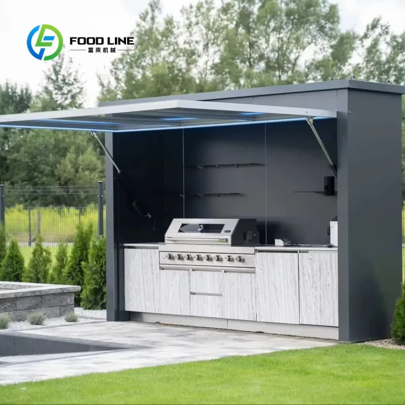 Station de cuisine extérieure en acier inoxydable toutes saisons personnalisée pour la cuisson en extérieur, la préparation du café et le barbecue sur la terrasse