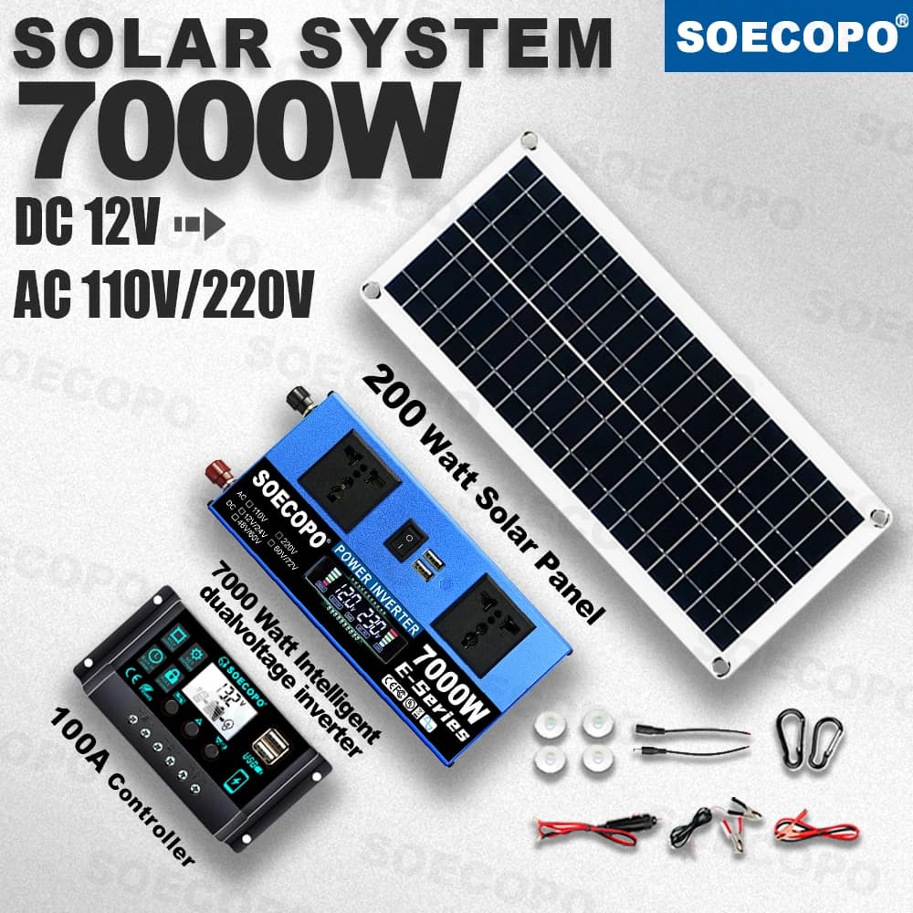 Kit Système Solaire SOECOPO 7000W Double Tension avec Onduleur 12V vers 110V/220V