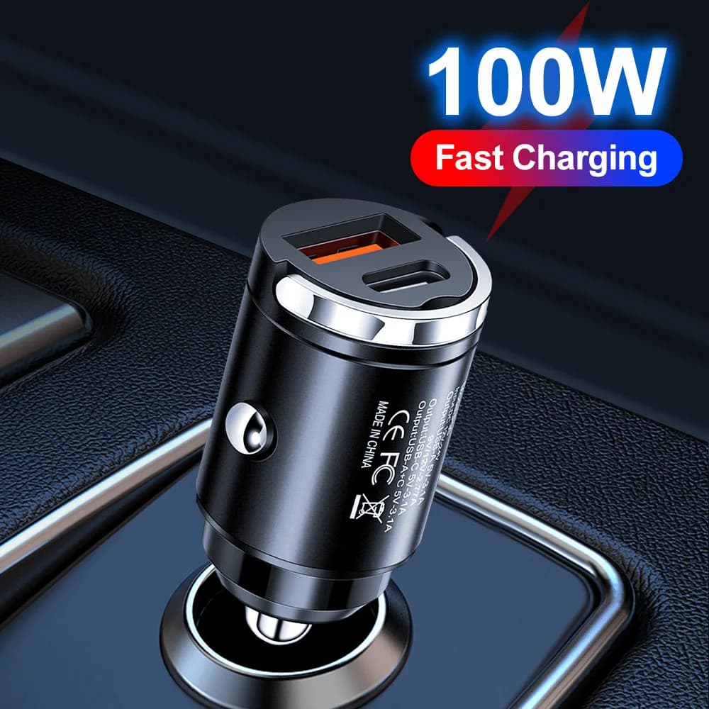 Mini chargeur de voiture 100W PD Type C, double Port, Charge rapide pour iphone Samsung Xiaomi QC 3.0 12-24V, briquet, Charge rapide