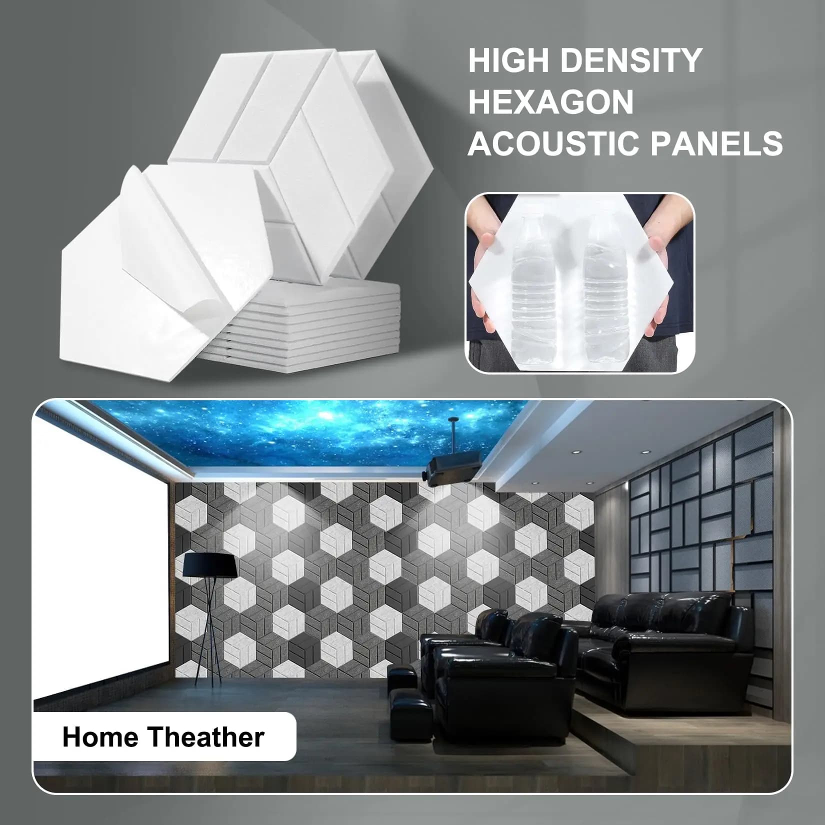 Paquet de 12 panneaux acoustiques hexagonaux auto-adhésifs, panneaux muraux insonorisants pour absorber le bruit, mousse insonorisante blanche