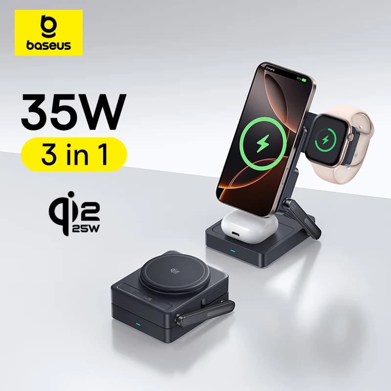 Chargeur sans fil magnétique 3 en 1 Baseus Qi2.2 25W à charge rapide pour iPhone 17 16 15 14 Apple Watch Écouteurs AirPods Pro iWatch