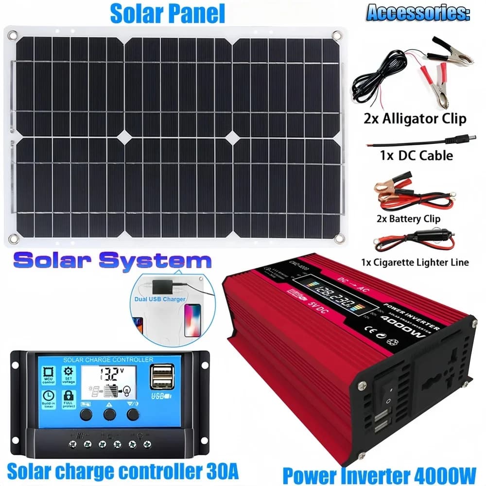 Kit de production d'énergie solaire 110V/220V 600W avec panneau solaire + contrôleur de charge 30A + onduleur à onde sinusoïdale modifiée 4000W