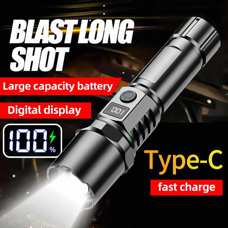 Lampe de poche LED ultra lumineuse avec zoom et indicateur de batterie, flash de lampe de camping à chargement USB